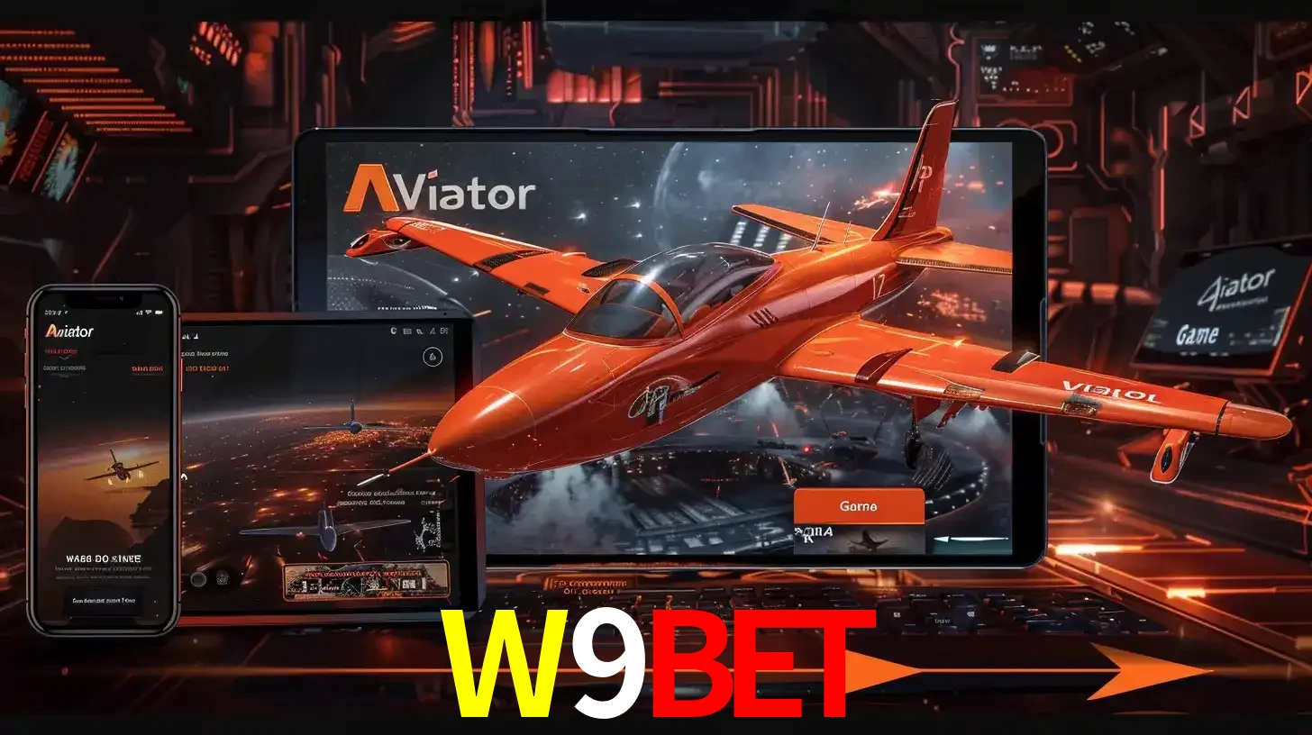 Apresentação tecnológica do jogo Aviator com um avião saindo da tela de um tablet, demonstrando a experiência imersiva em múltiplos dispositivos no W9BET.