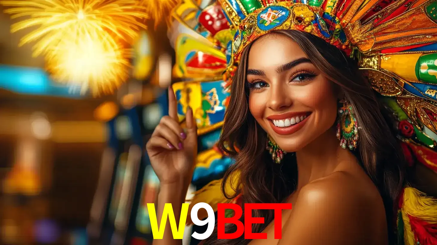 Mulher sorridente com um cocar de carnaval vibrante e colorido, celebrando uma grande vitória nos jogos do cassino W9BET com fogos de artifício ao fundo.