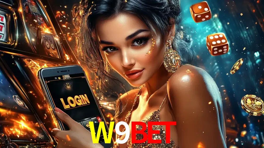 Mulher glamourosa segurando um celular com a tela de login do cassino W9BET, rodeada por dados e moedas douradas, pronta para começar a diversão.