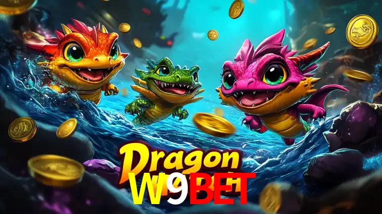 Arte promocional do jogo Dragon Hatch com três adoráveis dragões bebês nadando entre moedas de ouro, um dos slots mais divertidos para jogar no cassino W9BET.