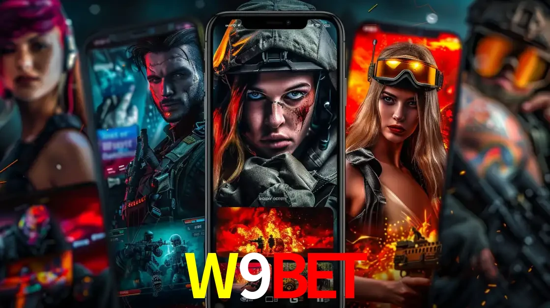 Montagem de telas de celular mostrando diversos personagens, masculinos e femininos, de um jogo de tiro, ilustrando a diversidade de equipes de e-sports para apostar no W9BET.