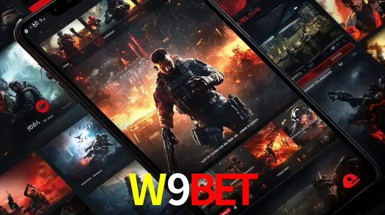 Tela de um celular exibindo uma galeria de jogos de tiro com temática militar, mostrando a variedade de e-sports disponíveis para apostas na plataforma de entretenimento W9BET.