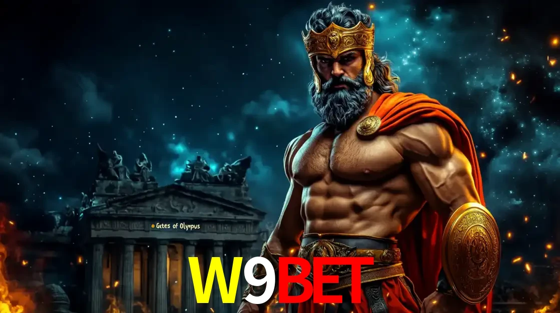 O poderoso Zeus do jogo de slot Gates of Olympus em frente ao seu templo, pronto para lançar multiplicadores divinos e prêmios épicos no cassino online W9BET.