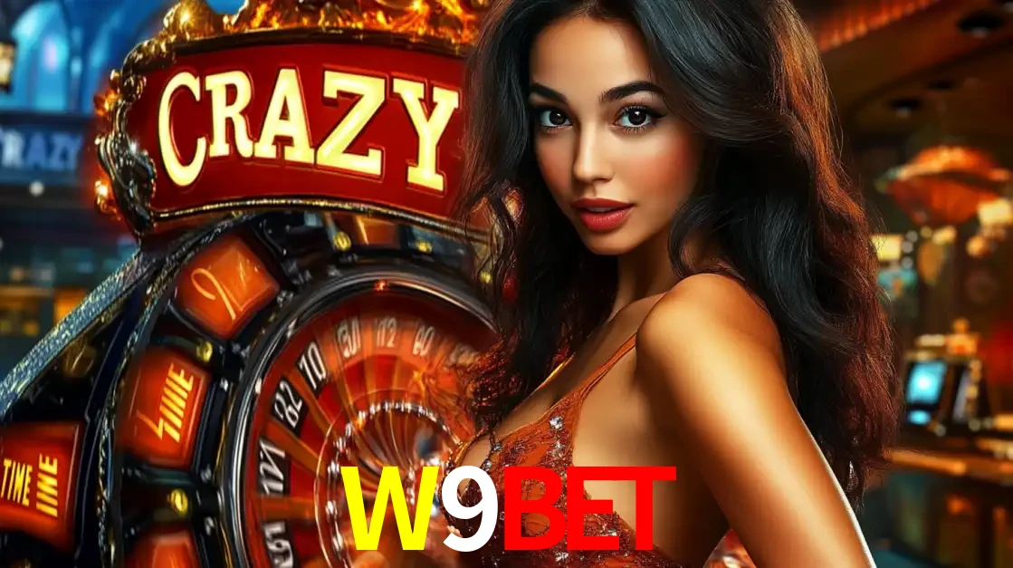 Mulher glamourosa olhando para a câmera com a roda vermelha do Crazy Time ao fundo em um ambiente de cassino, destacando a emoção dos jogos ao vivo no W9BET.