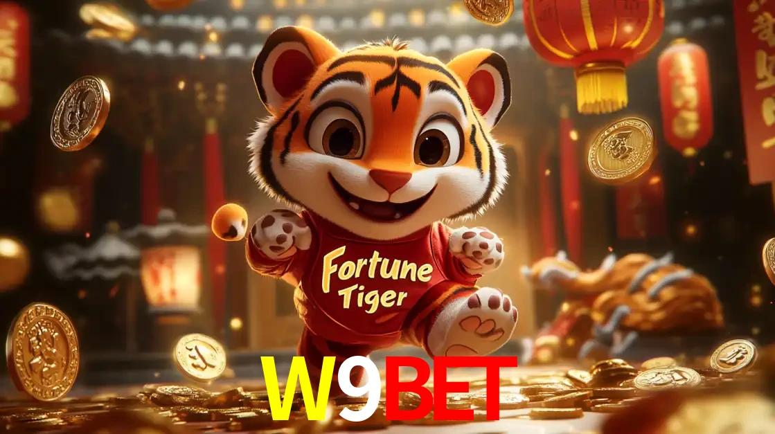 O alegre personagem do Fortune Tiger correndo sobre um caminho de moedas de ouro, simbolizando os grandes prêmios e a diversão do popular jogo de slot do W9BET.