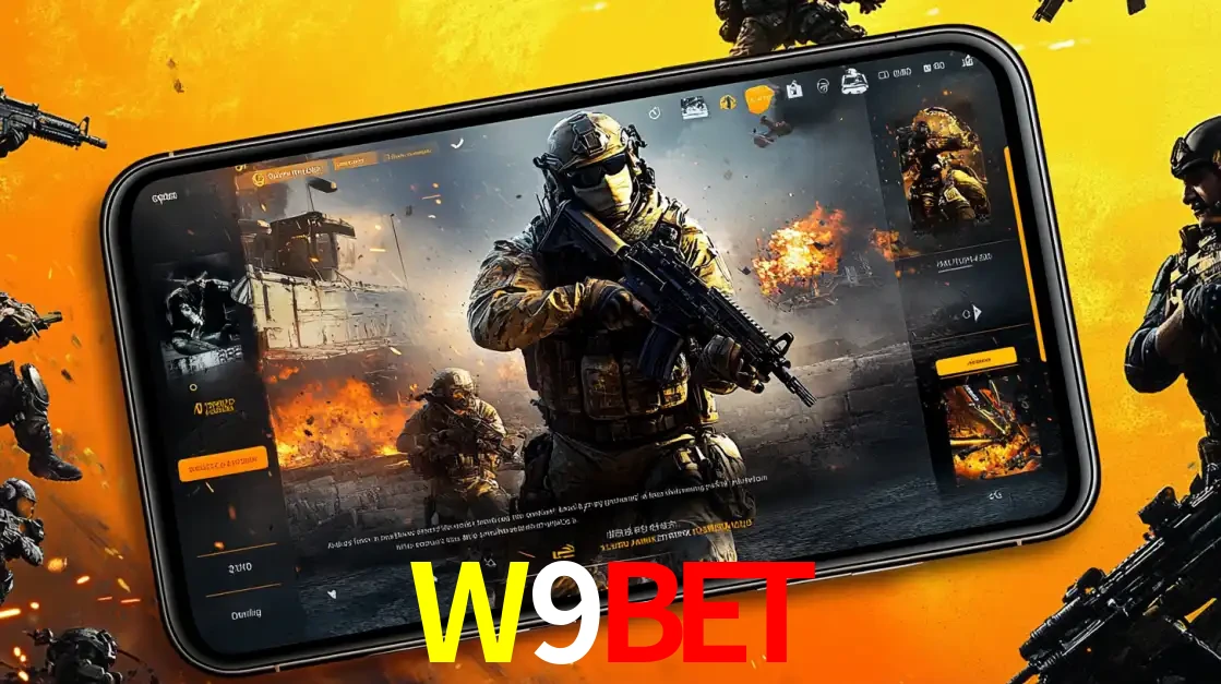Um smartphone exibindo a interface de um jogo de tiro em primeira pessoa, com um soldado em um cenário de batalha, representando a ação dos e-sports para apostar no W9BET.