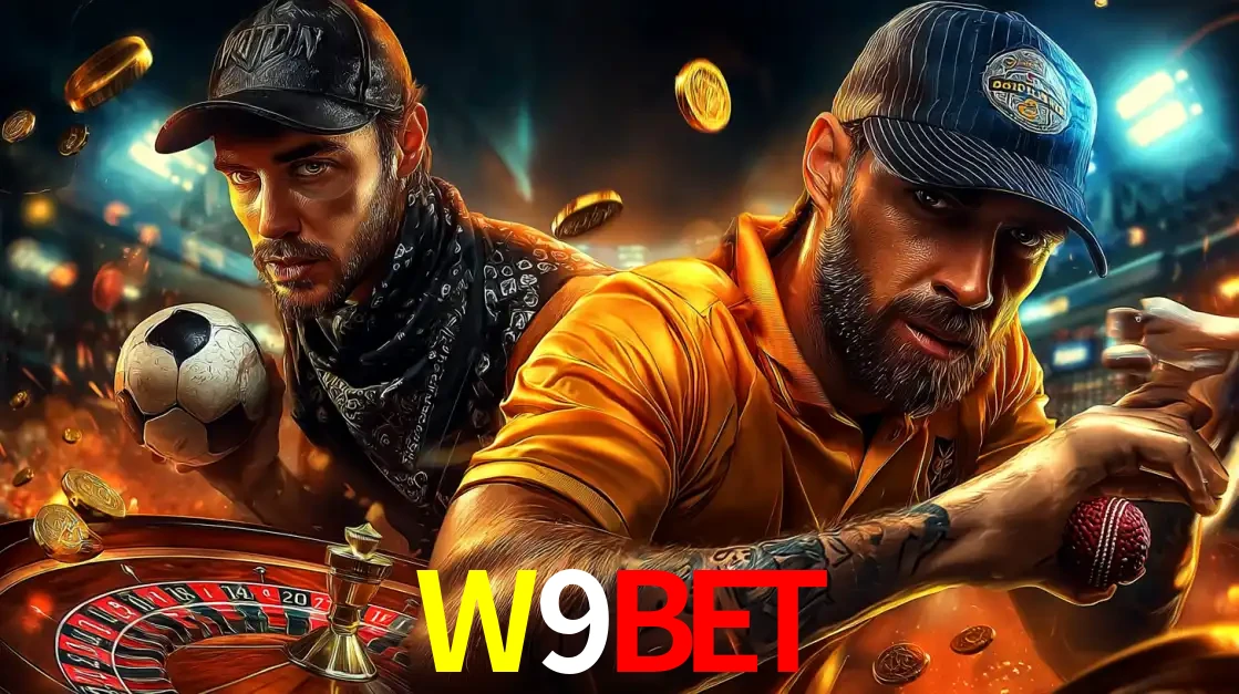 Montagem de apostas esportivas e cassino no W9BET, com um homem segurando uma bola de futebol e outro uma de beisebol sobre uma roleta e moedas voadoras.