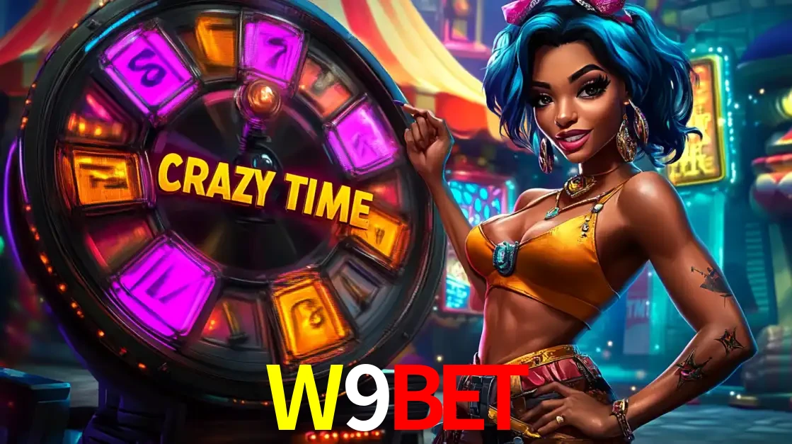 Mulher estilizada com cabelo azul e visual vibrante posando ao lado da roda de prêmios do game show Crazy Time, convidando para a diversão e os bônus do cassino W9BET.