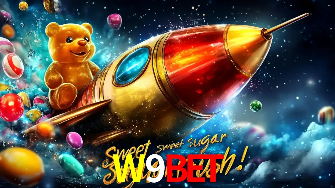 Arte promocional do jogo de slot Sugar Rush, com um urso de pelúcia em um foguete viajando pelo espaço de doces, um dos jogos divertidos disponíveis no cassino W9BET.