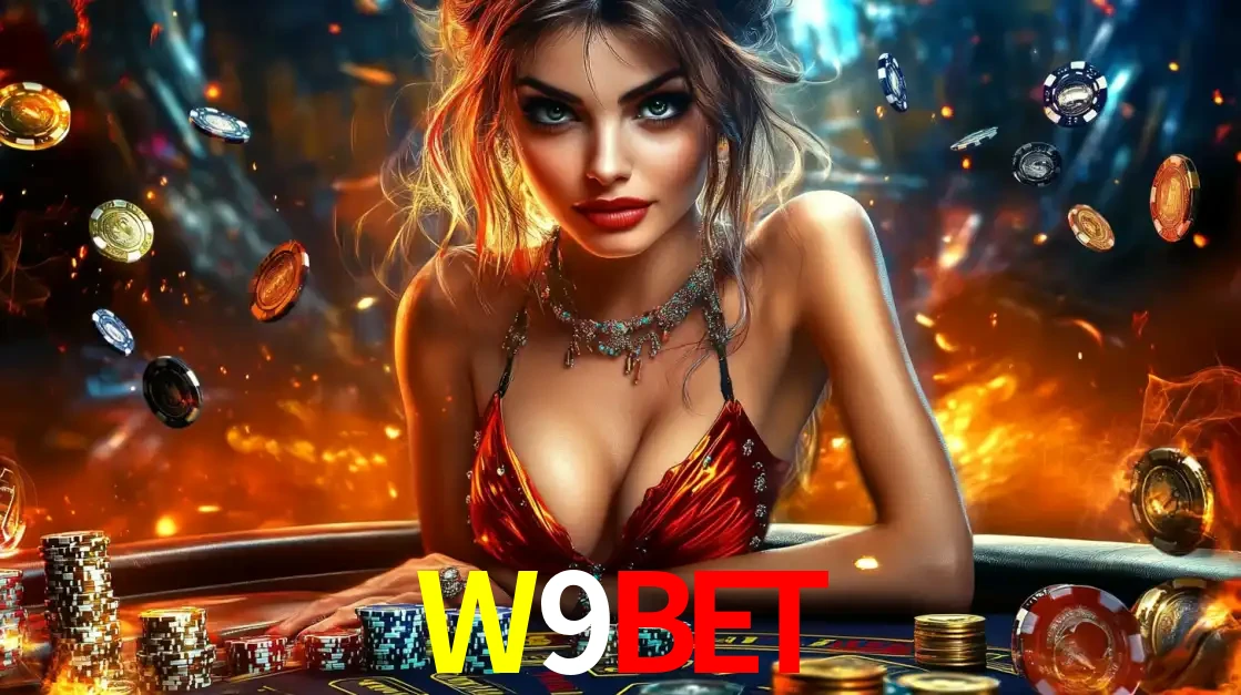 Mulher em uma mesa de cassino com pilhas de fichas e um fundo de fogo, pronta para uma rodada de altas apostas nos jogos de mesa emocionantes do cassino W9BET.