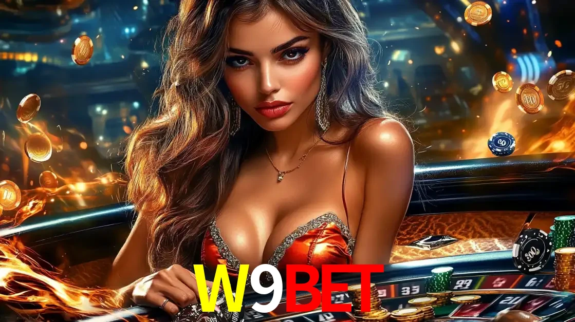 Mulher glamourosa em uma mesa de roleta com um fundo de chamas e moedas voadoras, pronta para fazer sua aposta e ganhar grandes prêmios no cassino ao vivo W9BET.