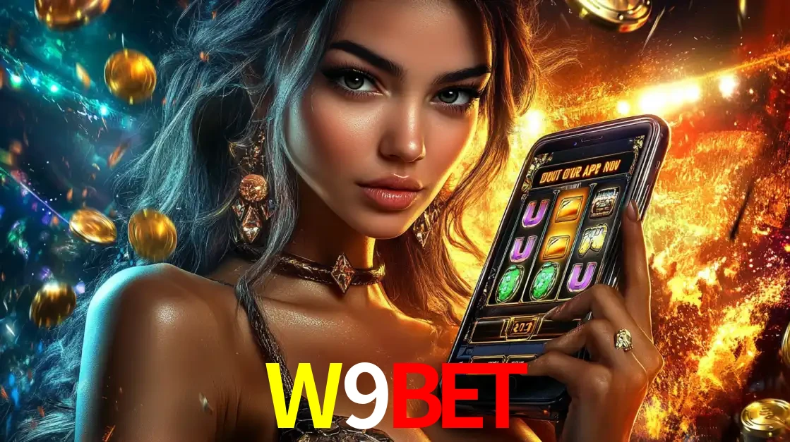 Mulher elegante mostrando um jogo de caça-níqueis em seu smartphone, destacando a experiência de cassino móvel oferecida pelo aplicativo W9BET.