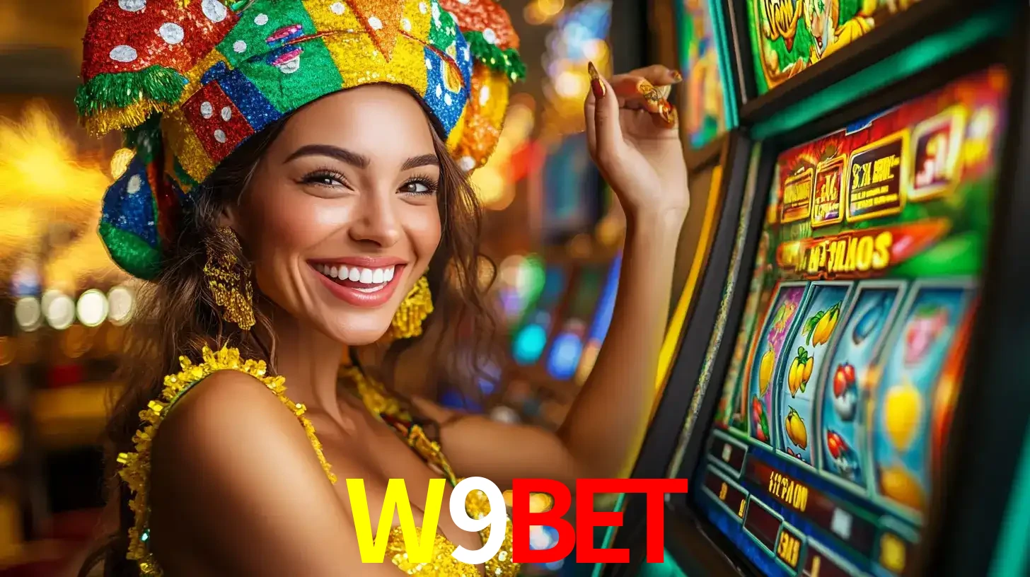 Mulher feliz com traje de carnaval amarelo e colorido ao lado de uma máquina de caça-níqueis, aproveitando a diversão e os jogos temáticos do cassino W9BET.