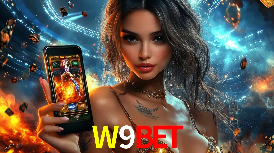 Mulher segurando um celular com um jogo de slot em destaque, tendo como fundo um estádio vibrante, simbolizando a emoção de jogar no cassino móvel W9BET.